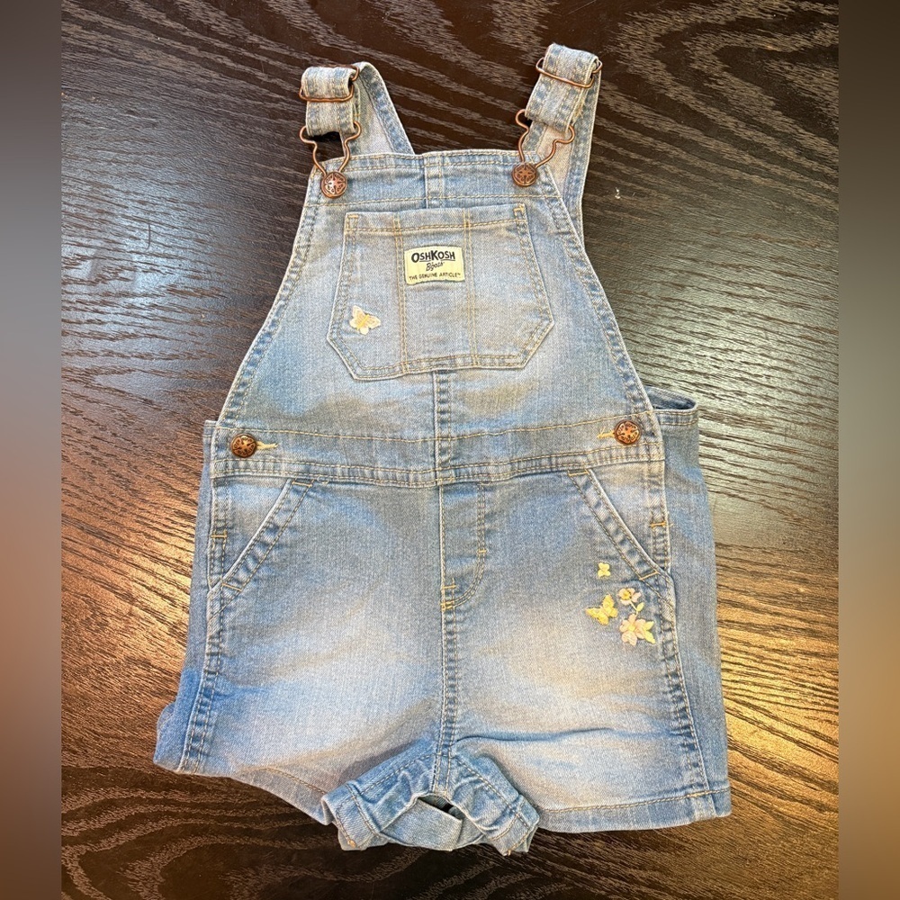Oshkosh Little Girls Light Denim Overalls with Butterly & Flower Embroidery 24M